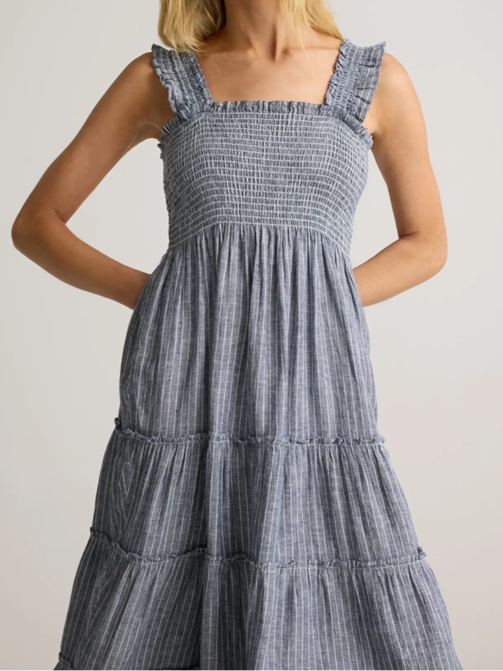 Quince Blue Striped Smocked Linen Midi Dress - Picture 4 of 10